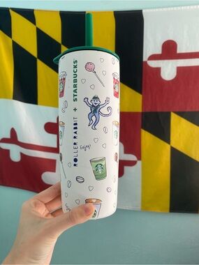 Starbucks White Tumbler with Green Lid and Playful Illustrations